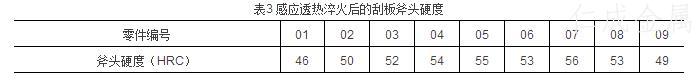 表3感應(yīng)透熱淬火后的刮板斧頭硬度.jpg